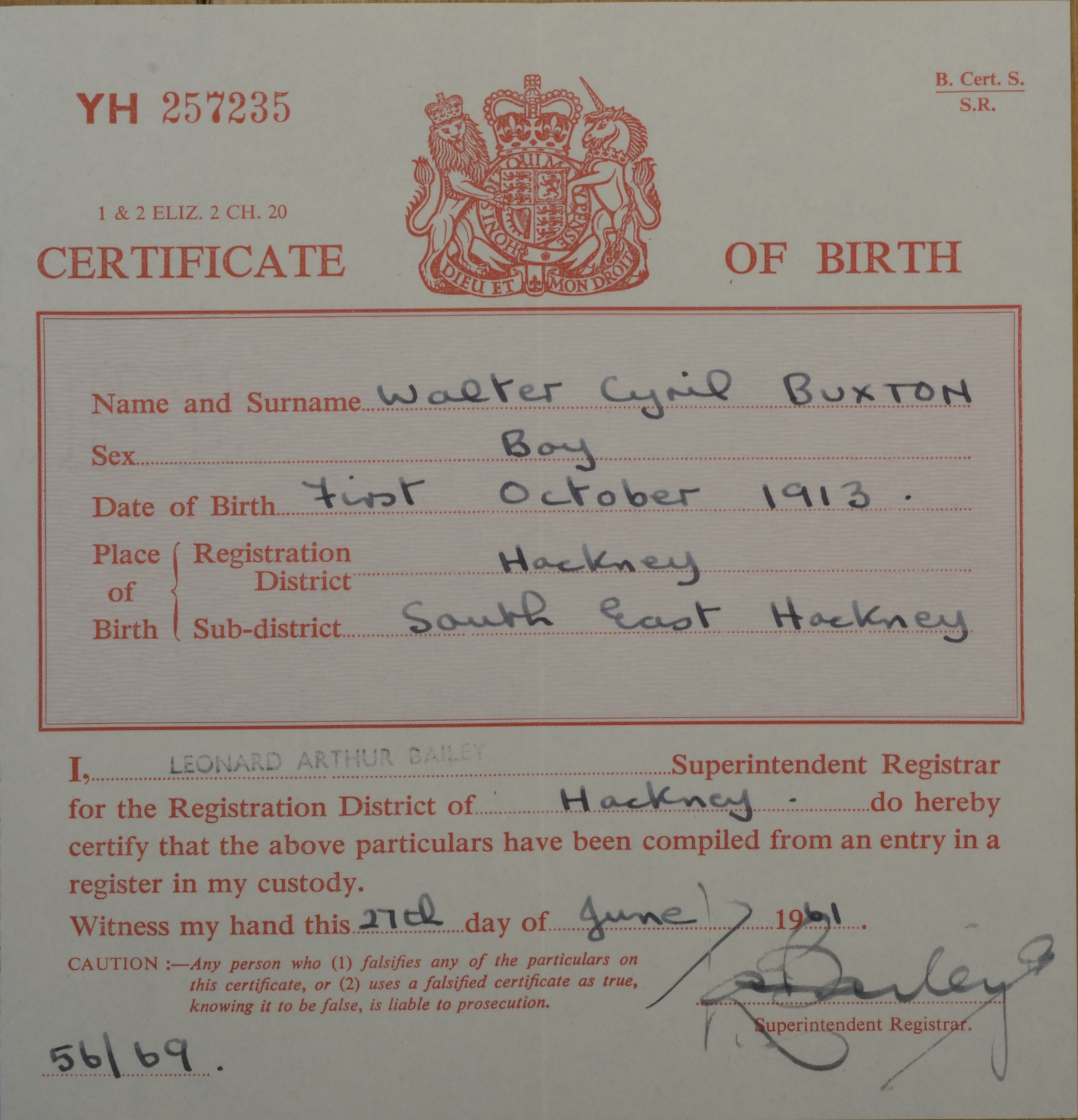 Cyril Buxton short birth certificate
