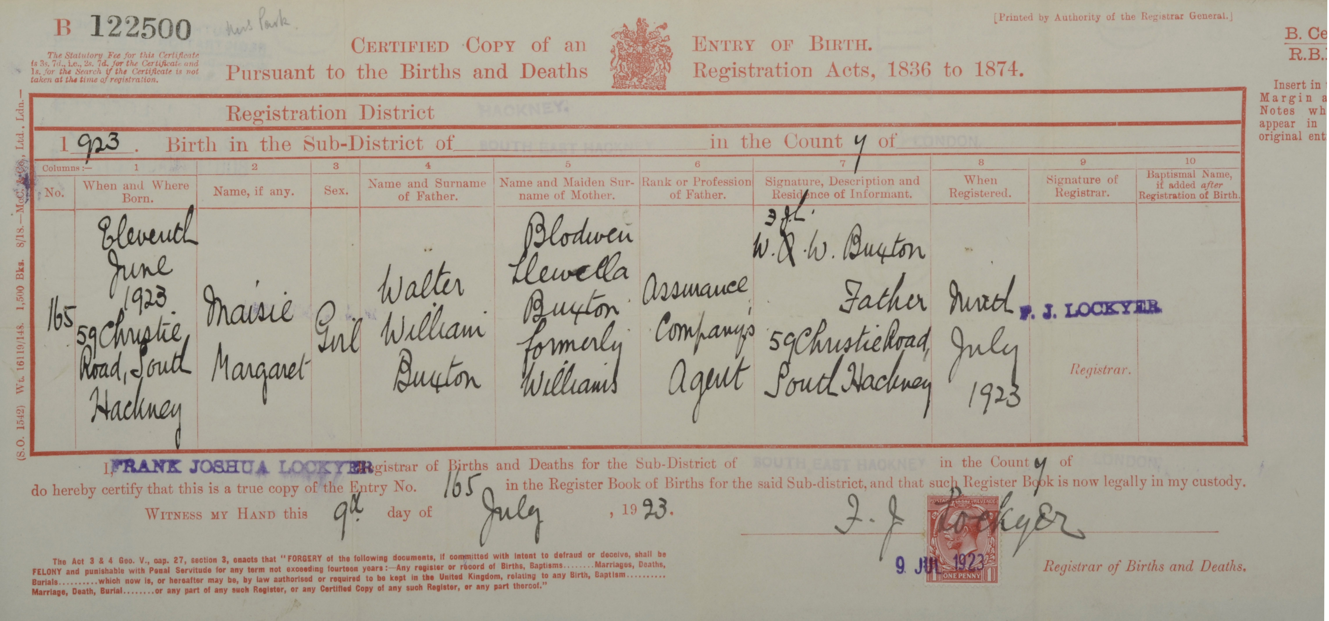 Maisie Buxton birth certificate
